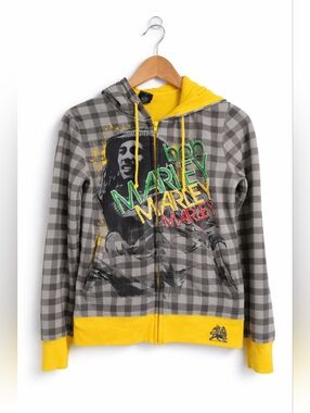 Bob Marley Zip Hoodie Zion Rootswear Plaid Graphic Sweatshirt Size L